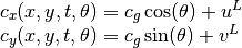 \begin{array}{l} {c_{x} (x,y,t,\theta )=c_{g} \cos (\theta )+u^{L} } \\ {c_{y} (x,y,t,\theta )=c_{g} \sin (\theta )+v^{L} } \end{array}